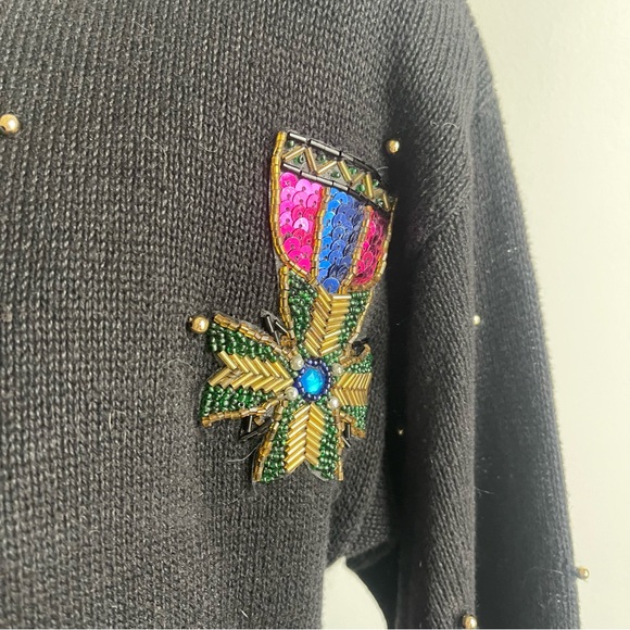 Vintage 1990s Celina Yang Black Sweater w Sequin Epaulets SP Petite Small Pearls - Picture 3 of 11